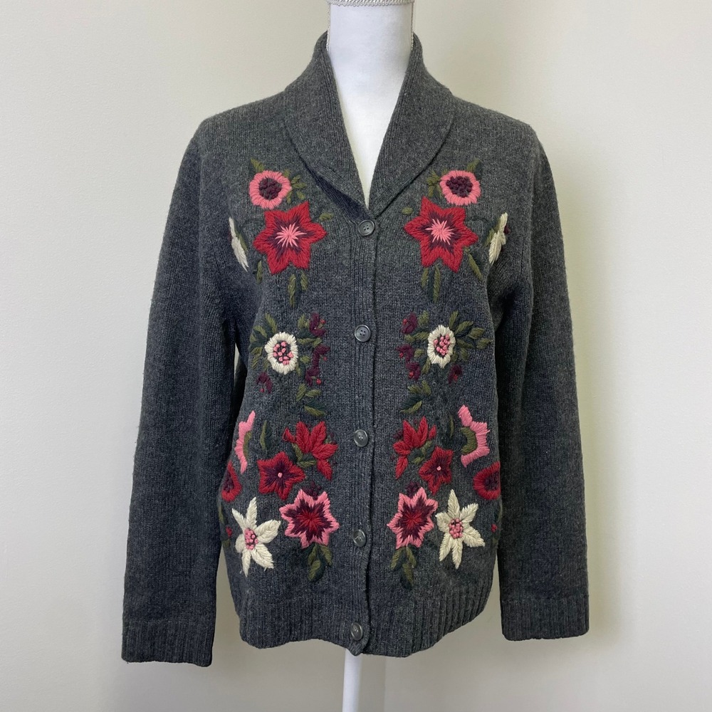 Eddie Bauer Floral Embroidered Lambswool Cardigan Sweater L Shawl Collar Gray
